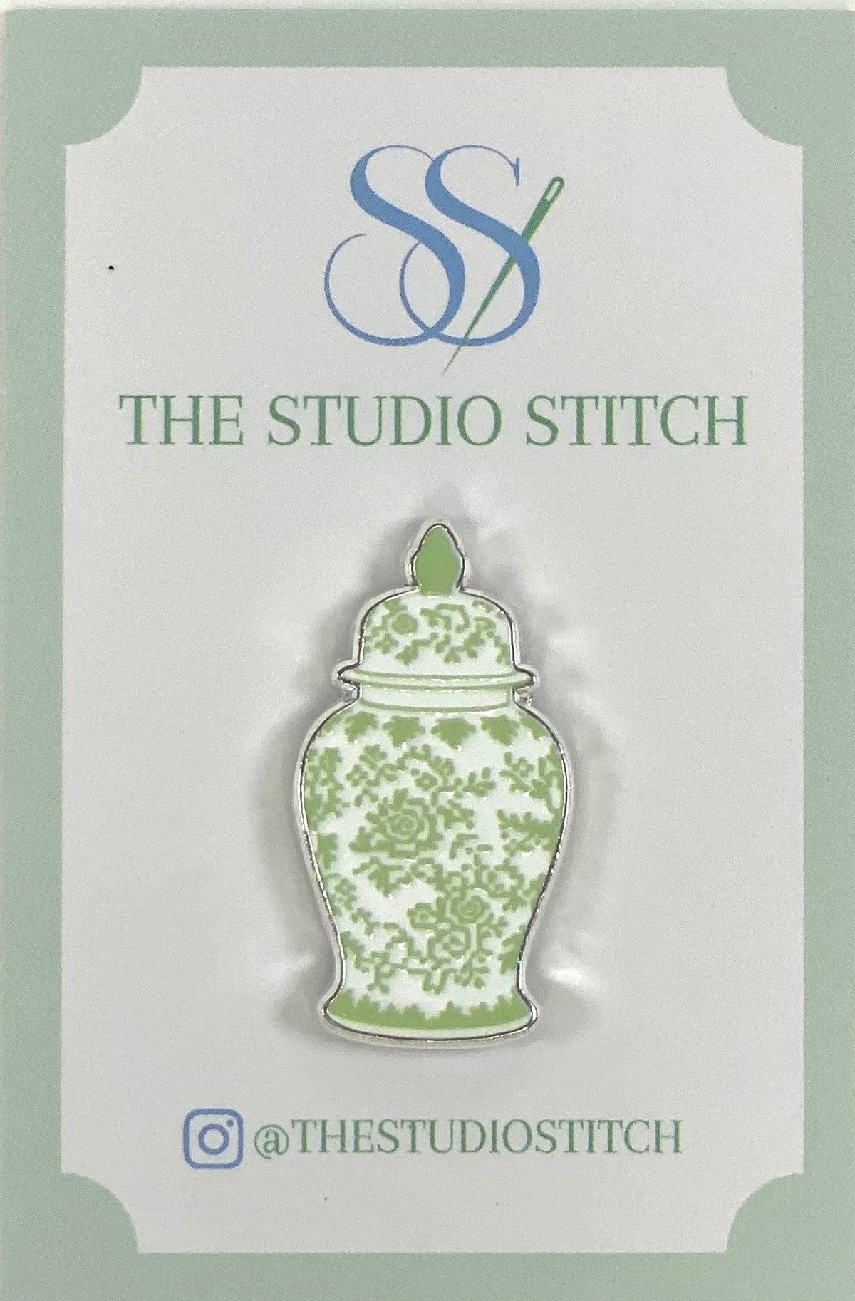 Green and White Ginger Jar Needle Minder
